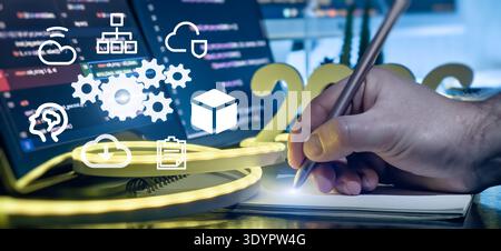 AI Software Development Planning Concept with Hand Writing Notes, Code Screens and 2026 Innovation Stock Photo