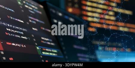 Abstract Software Code Diff Screen with Digital Network Mesh Overlay and Cyber Technology Programming Stock Photo