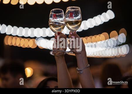 Two festival attendees raising and clicking glasses of red wine while celebrating during Yerevan Wine Days in Yerevan Stock Photo
