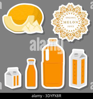 Illustration on theme big set different types of juice melon in bottle, juice melon pattern consisting of collection organic beverage to bottle, brigh Stock Vector