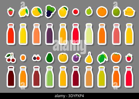 Illustration on theme big set glass bottles with caps filled liquid multicolored fruit juice, glass bottles consisting of tasty natural fruit juice, f Stock Vector
