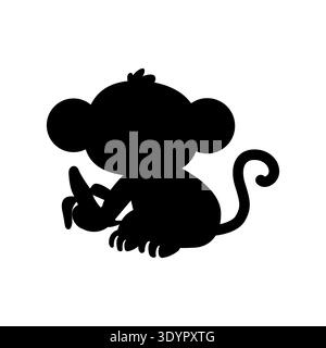 Cute baby monkey silhouette with banana vector illustration. Playful ape animal shape for children books zoo logos and nursery decor. Minimalist black Stock Vector