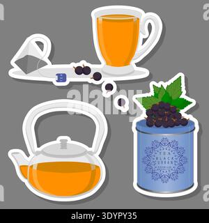 Illustration on theme set of teakettle for tasty tea with blackcurrant, tea in teakettle near blackcurrant it collection accessory on kitchen, fresh s Stock Vector