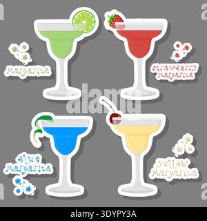 Illustration on theme of set bright alcohol cocktails for celebration party, full glass cup with tasty alcohol cocktails with different fruit ingredie Stock Vector