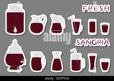 Illustration on theme big kit different types glassware, sangria in jugs various size, glassware consisting of organic plastic jugs for fluid sangria, Stock Vector