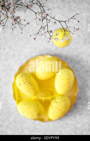 Yellow Easter eggs in pastel bowl with delicate baby s breath for spring table decor Stock Photo