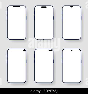 Set of modern smartphone screen mockups featuring various front camera and notch designs Stock Vector