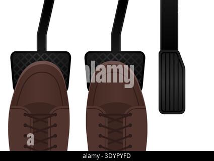 Driver Pressing on Brake and Clutch  Pedal of a Car. Car Pedals. Brake, Accelerator and Clutch Pedal. Vector Illustration. Stock Vector