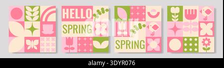 Muted spring geometric cards, fourpanel grid of square compositions with leafy icons, tulip silhouettes, small bird motif, rounded stars and polka dot Stock Vector
