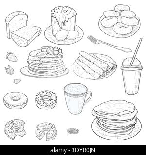 Sweet Easter cakes and pancakes for Maslenitsa, a set of hand-drawn sketches. Vector illustration. Iced donuts and a coffee mug, collection isolated o Stock Vector