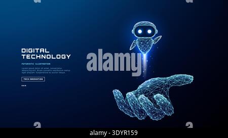AI chatbot hologram floating above human hand. Cute robot assistant Stock Vector