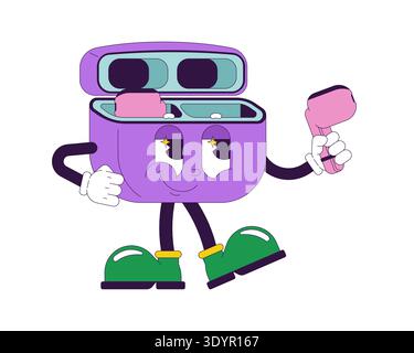 Wireless earphones smirking groovy retro character Stock Vector