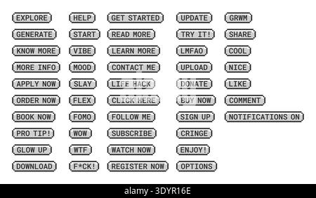Social media engagement monochrome pixel art buttons pack Stock Vector