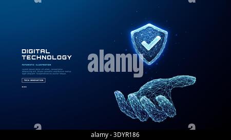 Cybersecurity shield hologram in digital hand Cyber protection concept Stock Vector