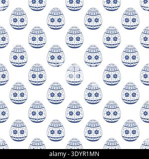 Seamless Nordic folk Easter eggs pattern in blue outline style. Scandinavian line art vector background. Stock Vector