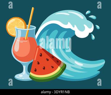 Ocean wave with cocktail and watermelon. Summer beach composition. Cartoon vector illustration on marine blue background  Stock Vector