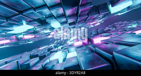 futuristic technology concept featuring abstract tunnel of blue and pink glowing cubes for digital data network architecture background 3d illustratio Stock Photo