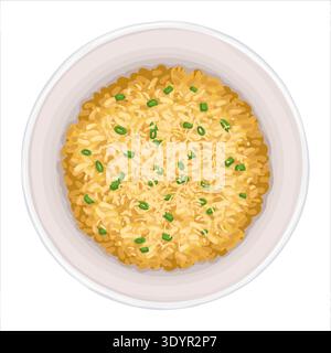 Risotto traditional top view vector hand drawn illustration. Italian food with green onion and rice for mediterranean cafe menu and template. Isolated dish drawing design perfect for delivery graphic. Stock Vector