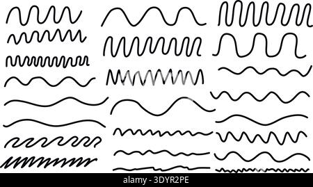 Wavy lines doodle sketch style set. Hand drawn ink waves, curves, curves, dynamic lines, dividers and underlines. Vector elements Stock Vector