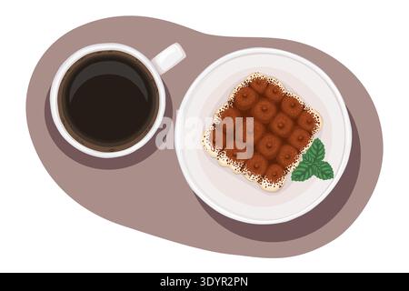 Italian tiramisu and espresso coffee top view vector food illustration. Hand drawn composition with cake and mint leaf on plate. Cream dessert for cafe menu design. Perfect for restaurant packaging. Stock Vector