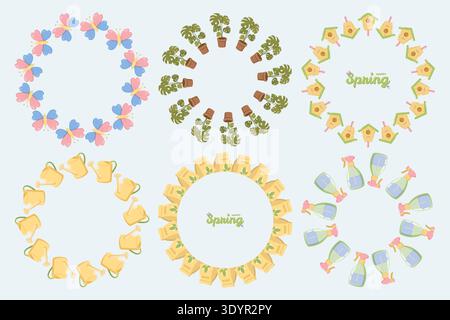 Spring Wreath Set Butterflies, Plants Tools Stock Vector