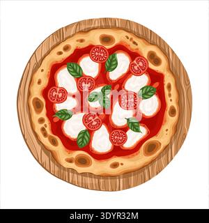 Pizza Napolitana top view vector cartoon illustration. Italian food with basil and mozzarella for menu and pizzeria template. Isolated meal drawing. Perfect for mediterranean cafe delivery graphic. Stock Vector