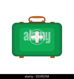 First aid kit icon. Green medical bag suitcase with white cross symbol in circle.Medical equipment for emergency, healthcare and safety concept.Vector Stock Vector