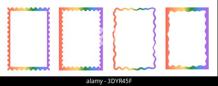 Retro whimsical rainbow gradient frame set with scalloped and wavy hand-drawn borders. Vibrant multi colored frames for greeting cards, menu, gift Stock Vector