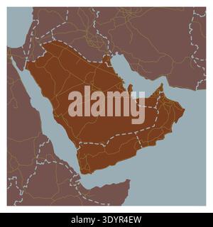 Detailed vector map of the Arabian Peninsula highlighting Saudi Arabia and surrounding Middle Eastern countries with road networks, borders, in a mode Stock Vector
