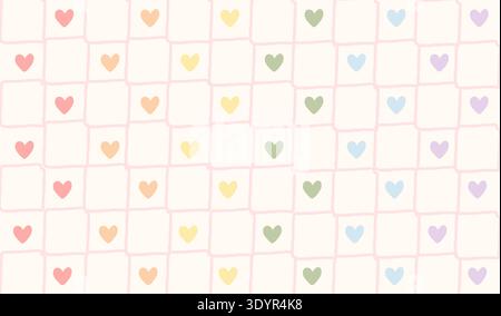 Pastel rainbow flag colored hearts gingham pattern. Retro hand-drawn pink checkerboard background with colorful heart icons. Cute aesthetic design for Stock Vector