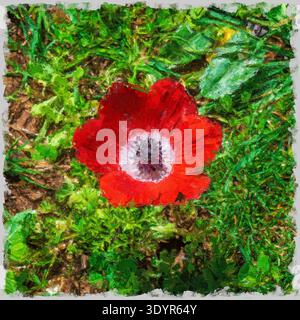 Digitally enhanced image of a Vivid red poppy anemone flower standing out against the green grass background, showcasing spring bloom and vibrant colo Stock Photo