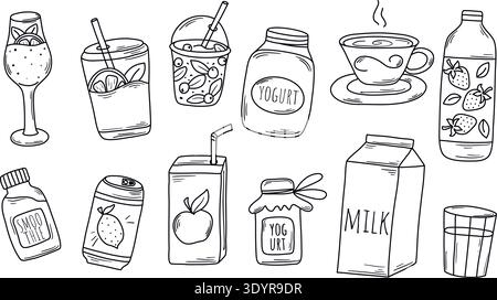 Doodle sketch drink set. Hand drawn cans, bottles, Tetra Pak packaging, glass, cup. Loose drawing drinks collection, vector graphics Stock Vector