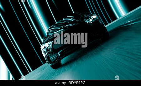 Futuristic sports car driving fast with neon light trails Stock Photo