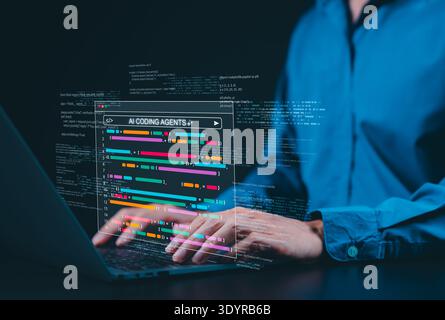 AI coding agents for software development concept. Programmer use laptop with code and AI assistant represent artificial intelligence, AI programming, Stock Photo