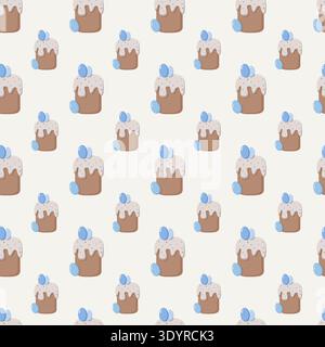 Seamless repeating pattern of decorated Easter cakes with dripping icing, sprinkles, and blue eggs on top, festive grid design for wrapping paper, fab Stock Photo