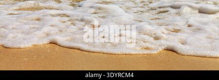 Banner with copy space. Soft white foam gently rolls over golden sand. Sea wave captures moment of calm. Ideal for travel, relaxation, or nature-theme Stock Photo