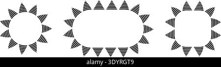Set of round and oval frames with triangular striped ornament in Aztec, African or Mexican style isolated on white background. Decorative elements with streaky motif. Vector graphic illustration. Stock Vector