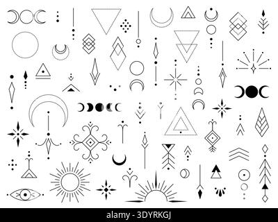 Minimalist sacred geometry set and collection moons stars arrows and abstract shapes tattoo design spiritual art branding posters Stock Vector