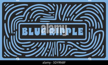 Blue badge with blue ripple text inside a wavy maze like ripple pattern background Stock Vector