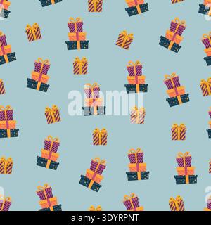 Colorful Gift Boxes Seamless Pattern on White Background. Bright festive wrapping presents with bows in flat vector style, perfect for holiday design, Stock Vector
