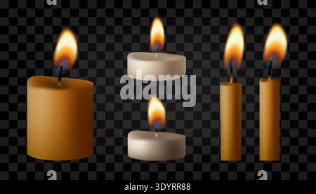 Candle gold flame set. Memorial, short tea light. Burning Bday or wedding fires, vector isolated illustration. 3d lit torch, transparent candlelight Stock Vector