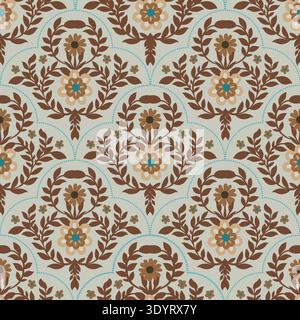 Earthy Brown Floral Scallop Damask Pattern Stock Vector