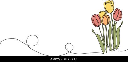 continuous single line drawing of beautiful tulips, line art vector illustration Stock Vector