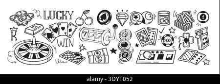 Hand drawing doodle casino or gambling games set. Vector icons of roulette wheel, playing cards, poker chips, slot machine, scratch lottery ticket, gold bar, billiard balls. Lucky jackpot line symbols Stock Vector