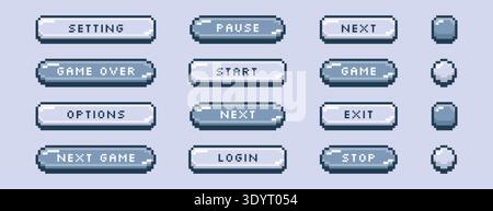 Vector set of grey pixel art start, exit, pause, next, stop and login buttons. Pixelated video game icons, text box frames, interface menu elements in 8bit retro style. Arcade ui graphic design Stock Vector