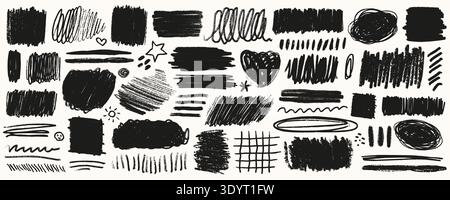 Crayon line highlight scribble set in black on white background with underline strokes, boxes and simple doodle icons. Crayon line highlight marks in Stock Vector