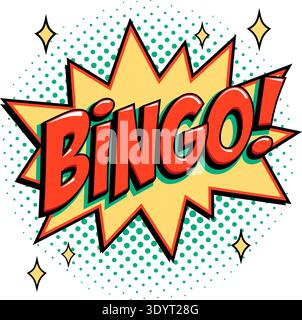 Bingo starburst icon in retro comic style with bold red lettering on yellow star shape and green halftone background. Bright vector bingo logo for Stock Vector