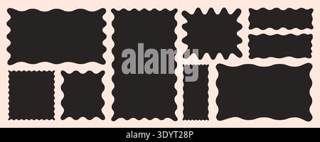 Shape frame square rectangle doodle set with wavy organic borders in black on beige background. Wavy shape frame vector collection with hand drawn Stock Vector