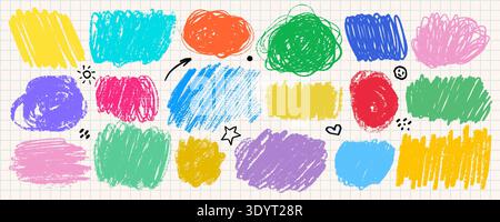 Crayon highlight box text scribble underline set in bright yellow blue green pink and purple on grid background. Crayon highlight box marks in rough Stock Vector