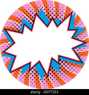Circle sticker with bold comic starburst label and blank text box in vibrant pop art style. Orange and pink radial rays with black halftone dots frame Stock Vector